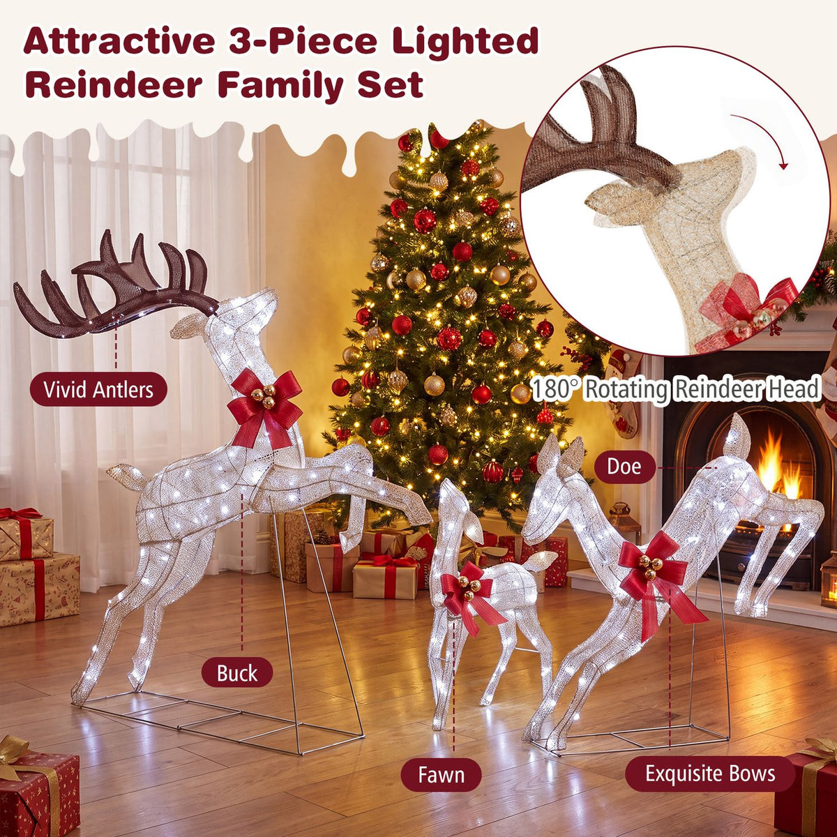 3-Piece Lighted Reindeer Family Set with Rotating Head and Cold White LED Lights-Golden