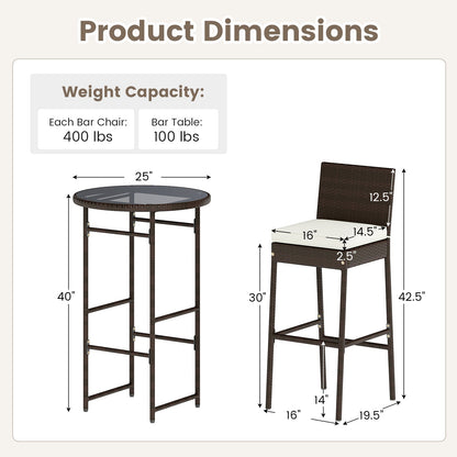 3 Piece Outdoor Bar Set Patio Heavy-Duty Metal Barstool and Table Set-White