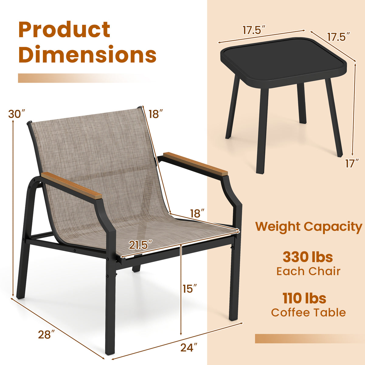 3-Piece Patio Conversation Set with Breathable Fabric Chairs