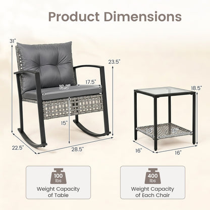3-Piece Outdoor Rocking Chair Set with Coffee Table - Gray