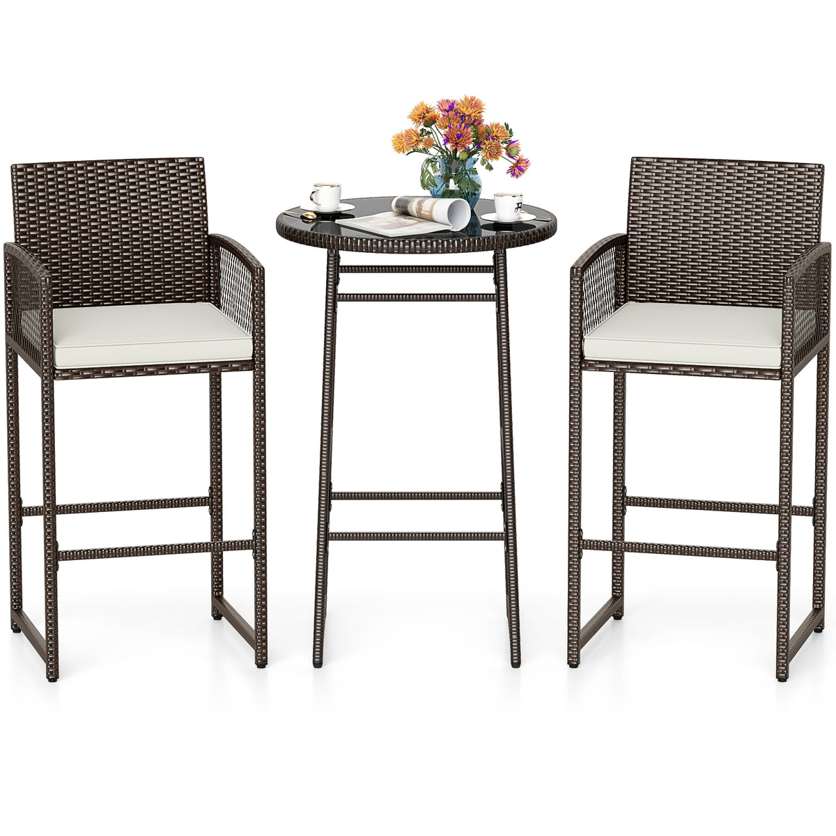 3-Piece Outdoor Patio Bar Set with Wicker Table & Armchairs