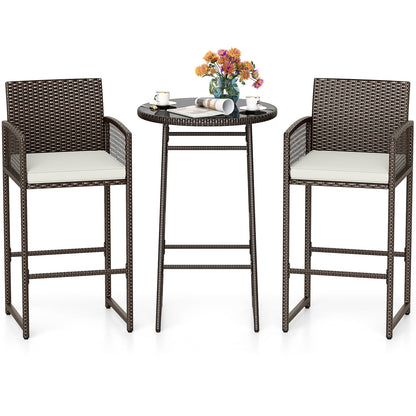 3-Piece Outdoor Patio Bar Set with Wicker Table & Armchairs