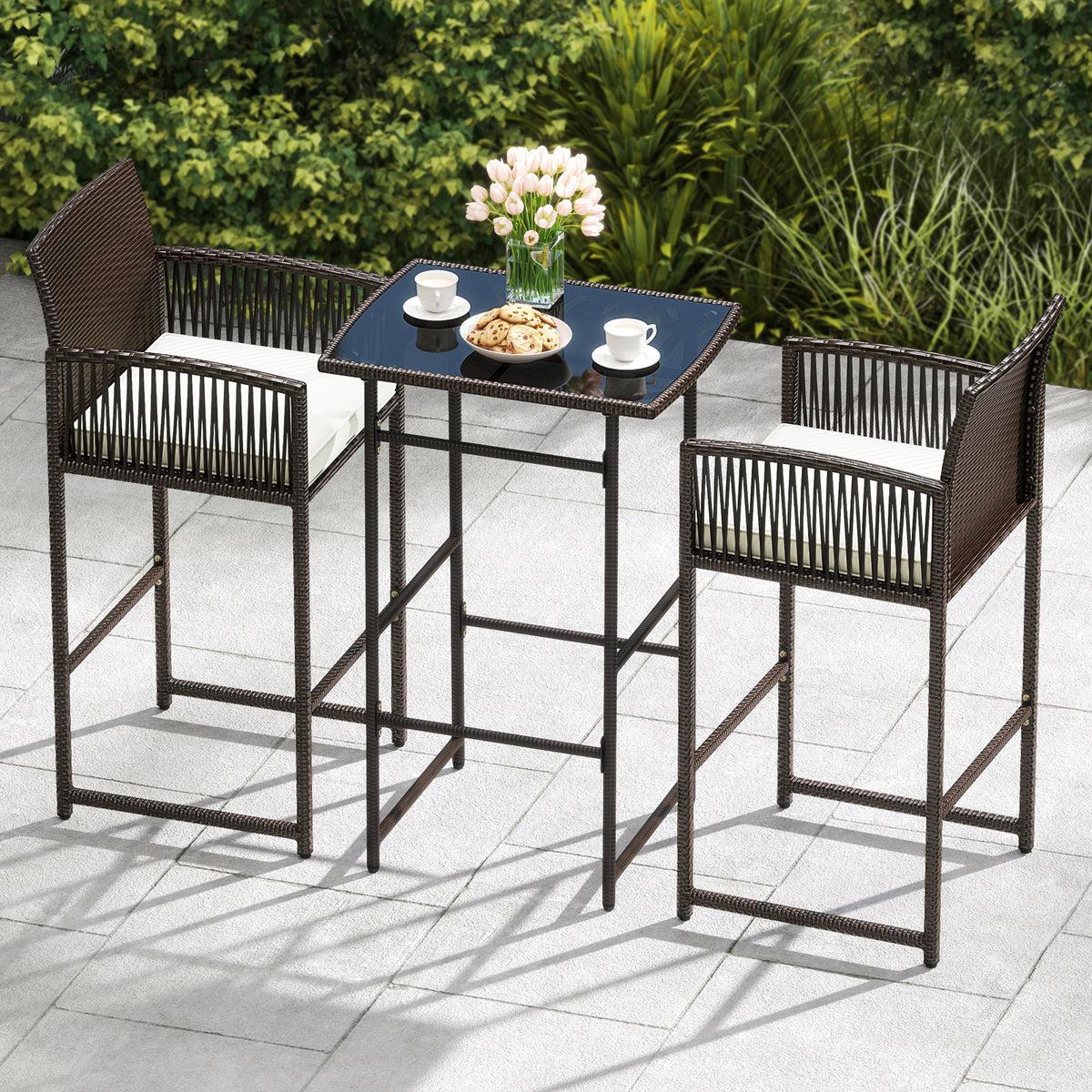 3-Piece Patio Bar Set with Wicker Table and Cushioned Chairs