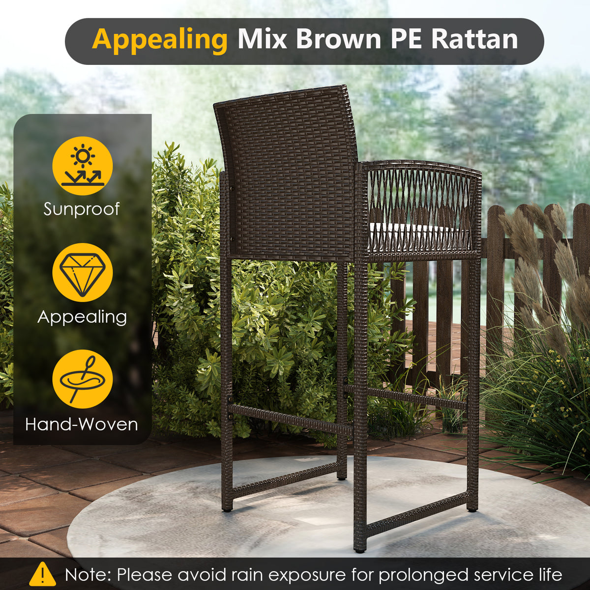 3-Piece Patio Bar Set with Wicker Table and Cushioned Chairs