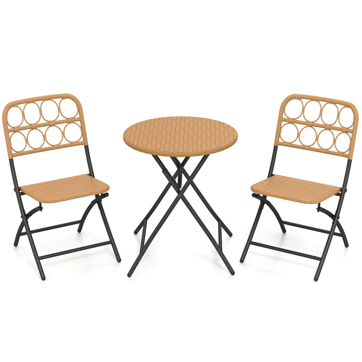 Folding Bistro Set 3-Piece with Wicker Rattan Chairs & Table