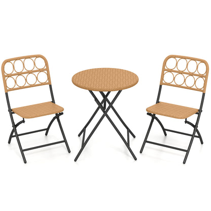 Folding Bistro Set 3-Piece with Wicker Rattan Chairs & Table