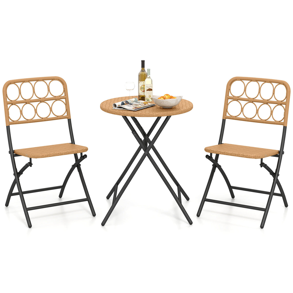 Folding Bistro Set 3-Piece with Wicker Rattan Chairs & Table