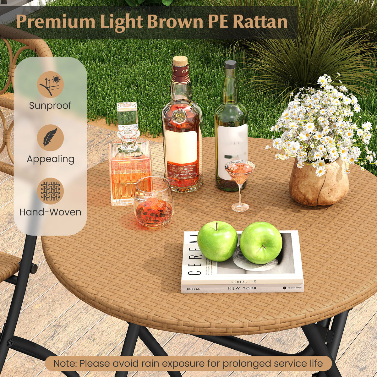 Folding Bistro Set 3-Piece with Wicker Rattan Chairs & Table