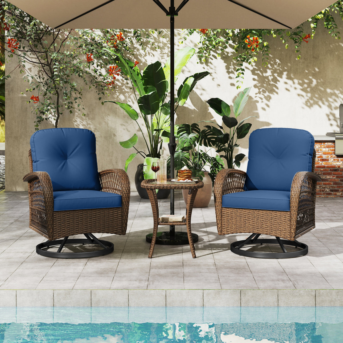 3-Piece Patio Swivel Rocker Set with Glass Side Table
