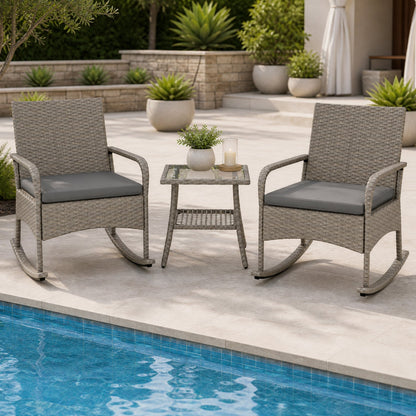 3-Piece Wicker Rocking Bistro Set with Cushions - Gray