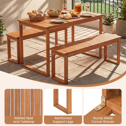 3 Pieces Acacia Wood Picnic Set with Outdoor Dining Table and 2 Benches for 4 People