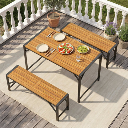 Acacia Wood Outdoor Bench Set of 2, 47.5" Slatted Seat