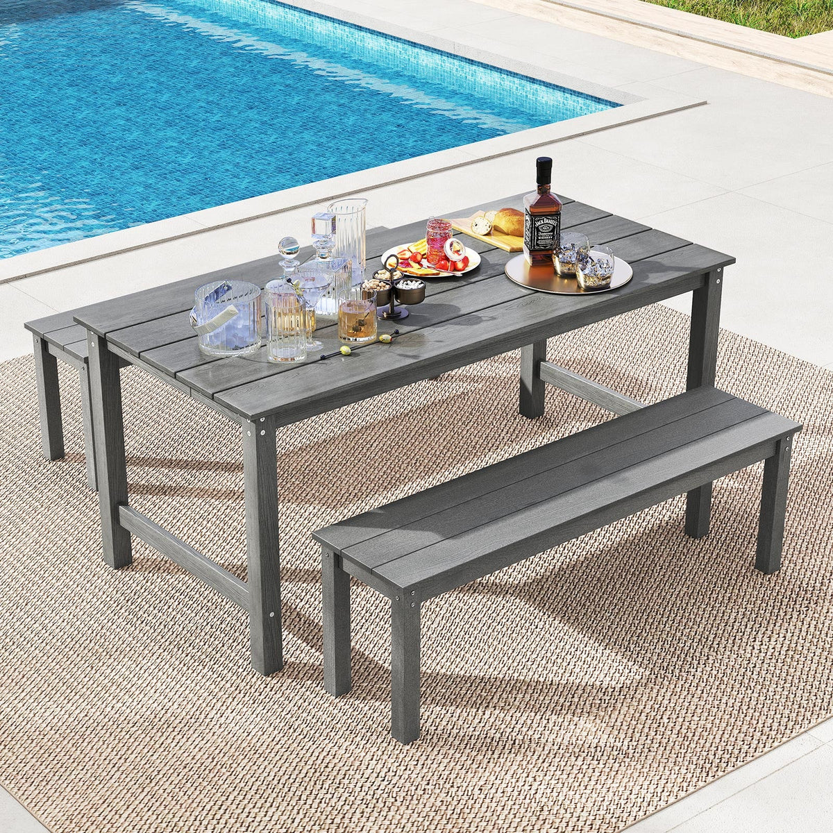 3 Pieces Outdoor Dining Table Set with 2 Benches