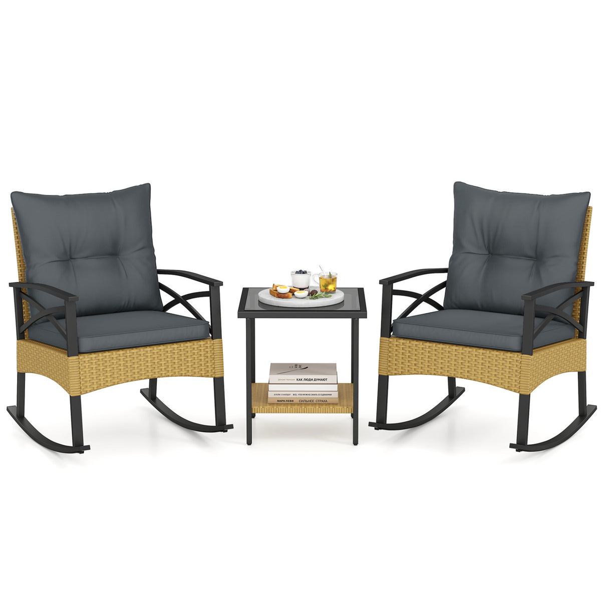 3-Piece Rattan Rocking Chair Set with Side Table