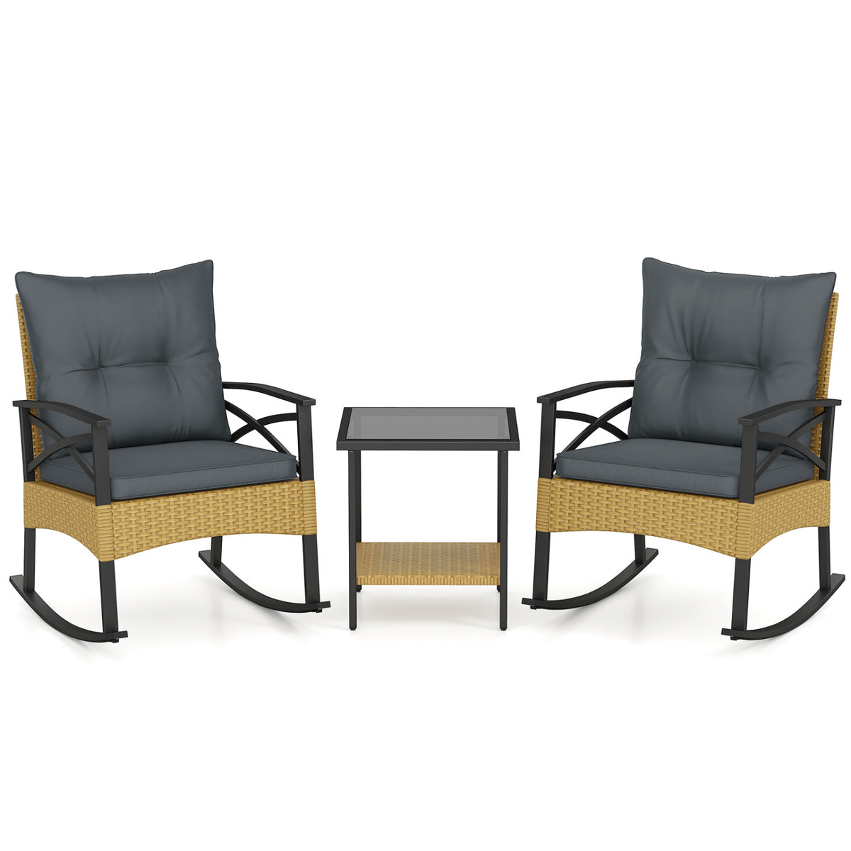 3-Piece Rattan Rocking Chair Set with Side Table