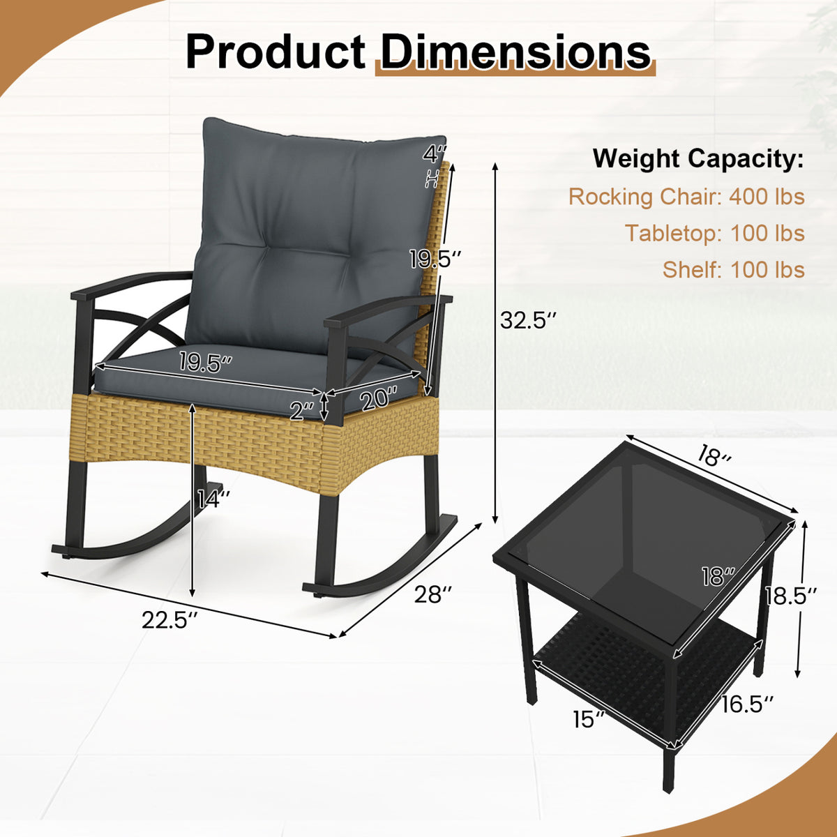 3-Piece Rattan Rocking Chair Set with Side Table