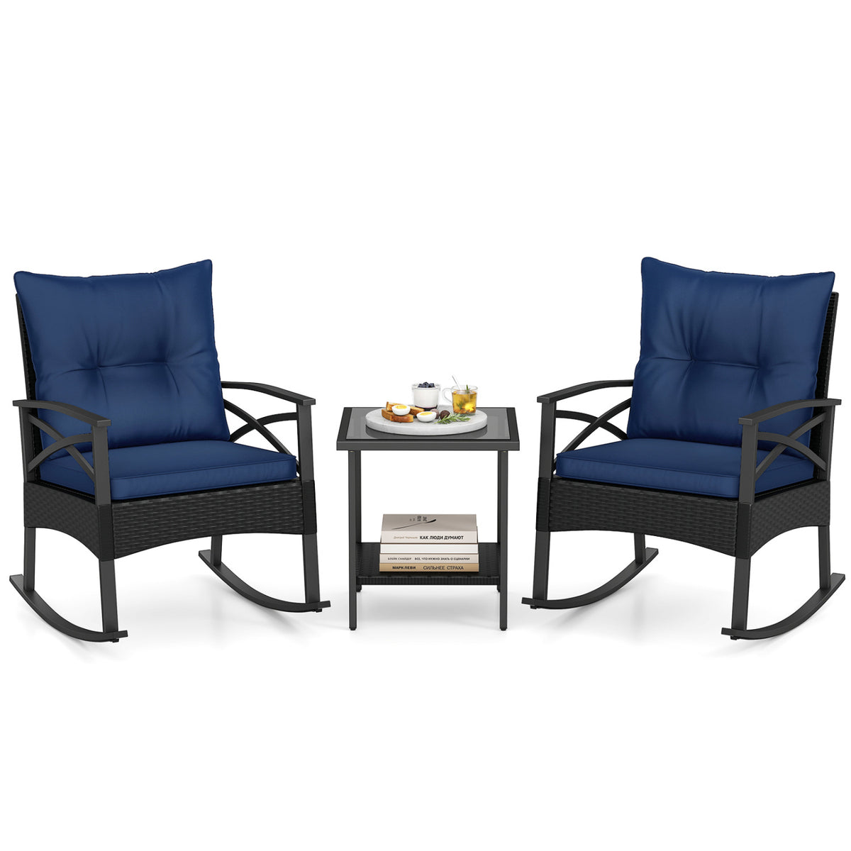3-Piece Rattan Rocking Chair Set with Side Table