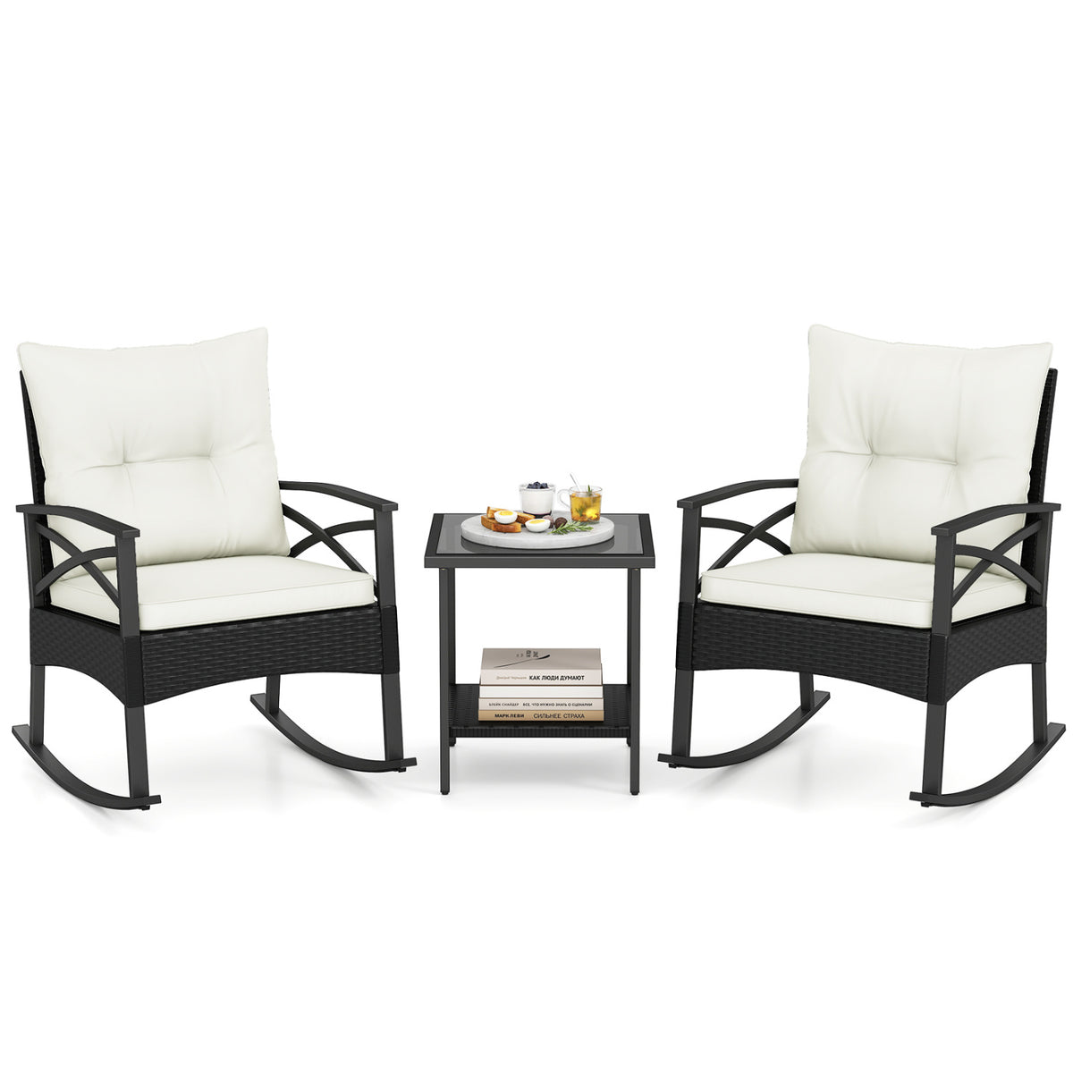 3-Piece Rattan Rocking Chair Set with Side Table