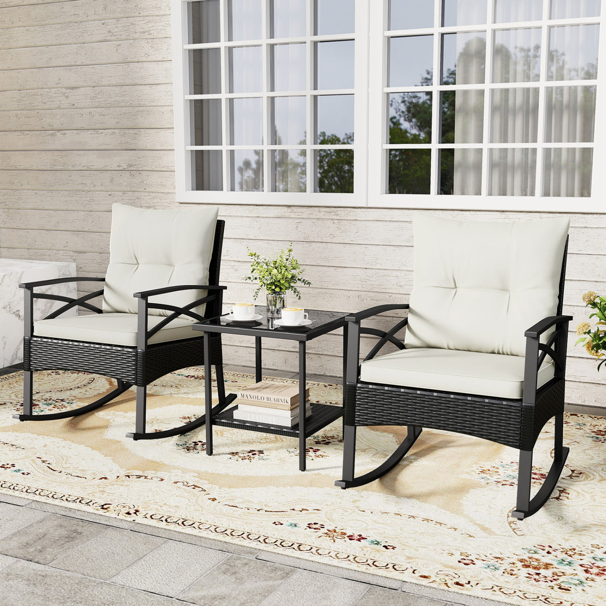 3-Piece Rattan Rocking Chair Set with Side Table