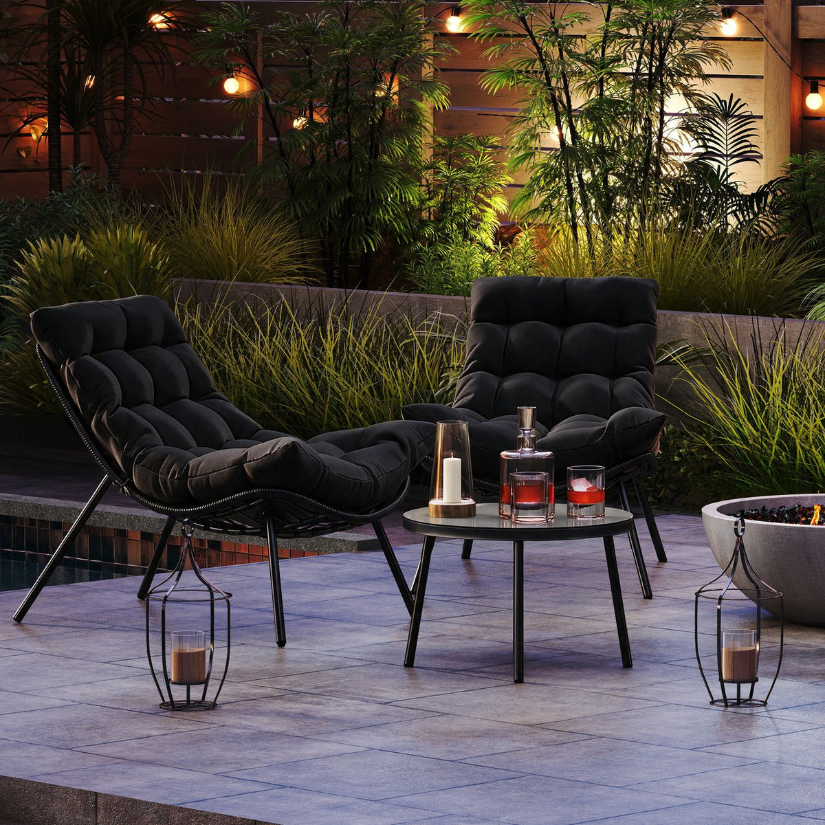 3 Pieces PE Rattan Conversation Set with Cushioned Papasan Chairs-Black
