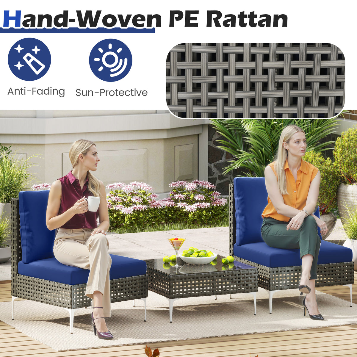 3-Piece Rattan Patio Conversation Set with Glass Coffee Table