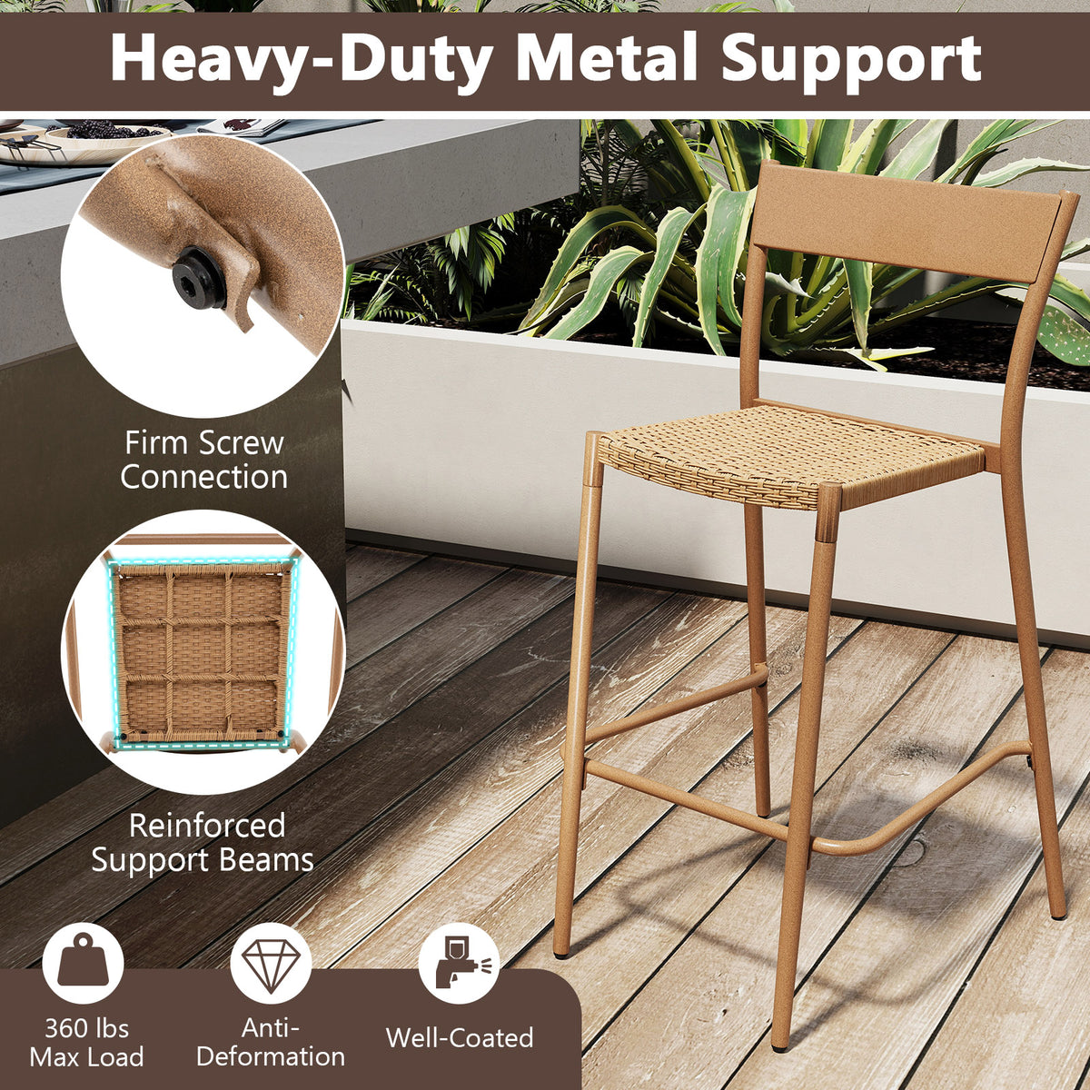 3-Piece Patio Bar Set with Table and 2 Armless Chairs
