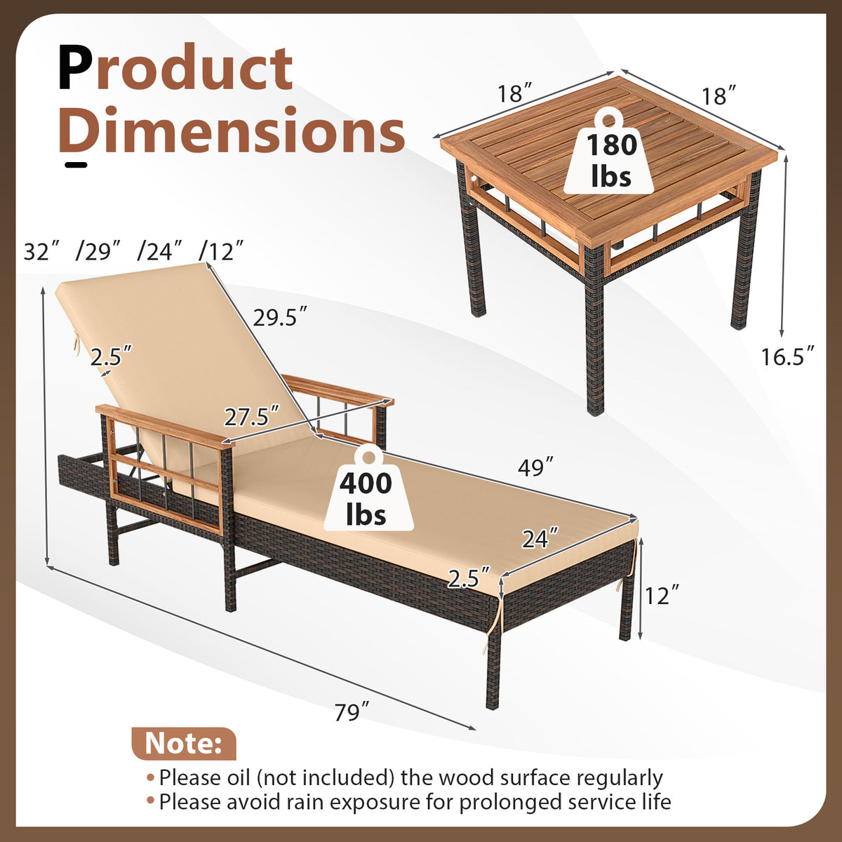 3-Piece Patio Chaise Lounge Set with Adjustable Backrests