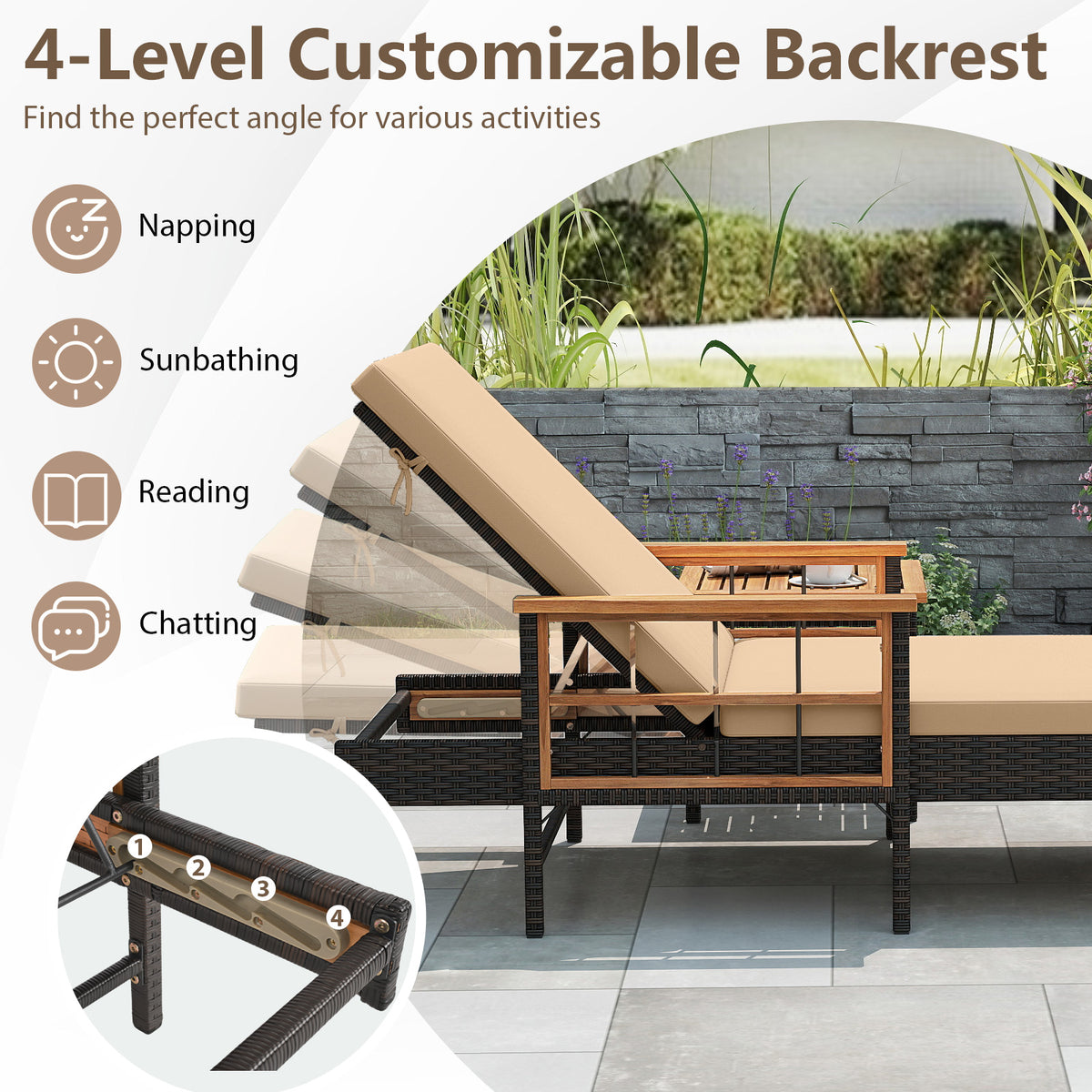 3-Piece Patio Chaise Lounge Set with Adjustable Backrests