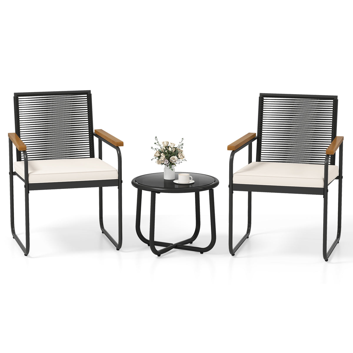 3-Piece Patio Conversation Set with Tempered Glass Table