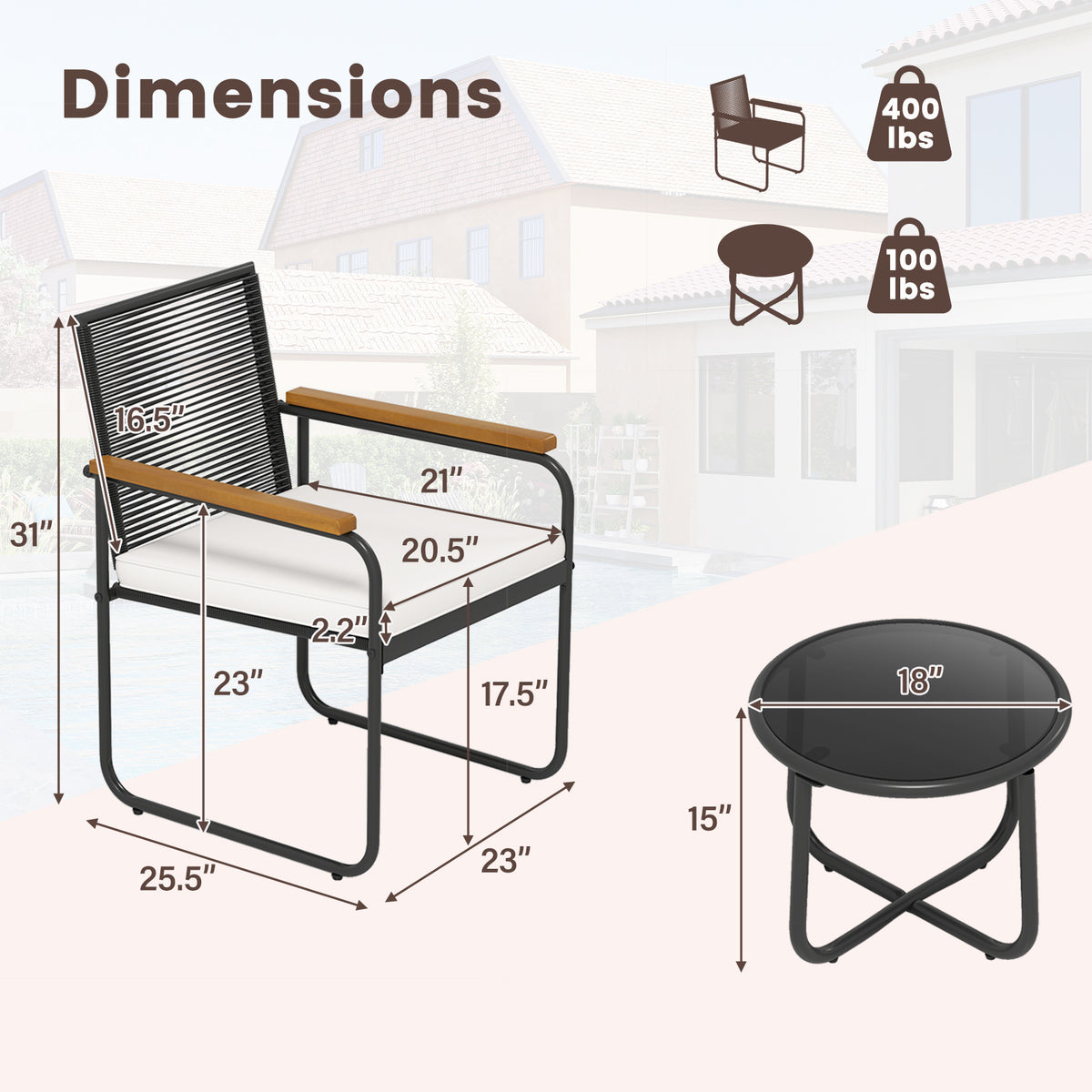 3-Piece Patio Conversation Set with Tempered Glass Table