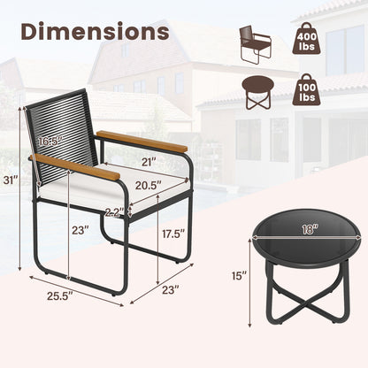 3-Piece Patio Conversation Set with Tempered Glass Table