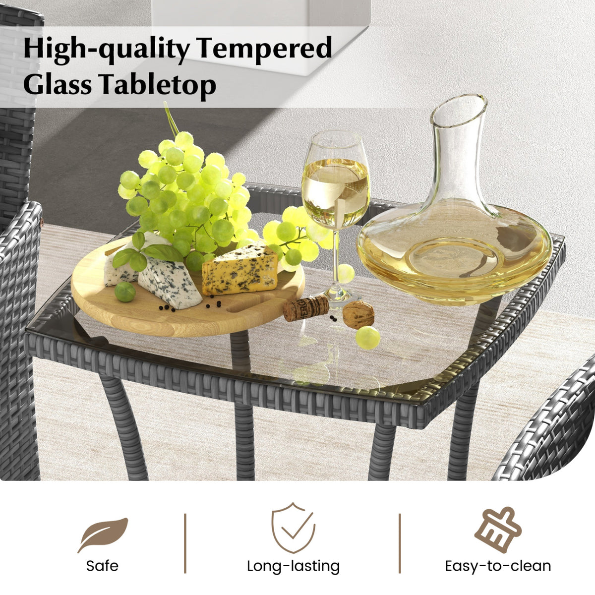3-Piece Patio Conversation Set with Cushioned Chairs & Glass Table