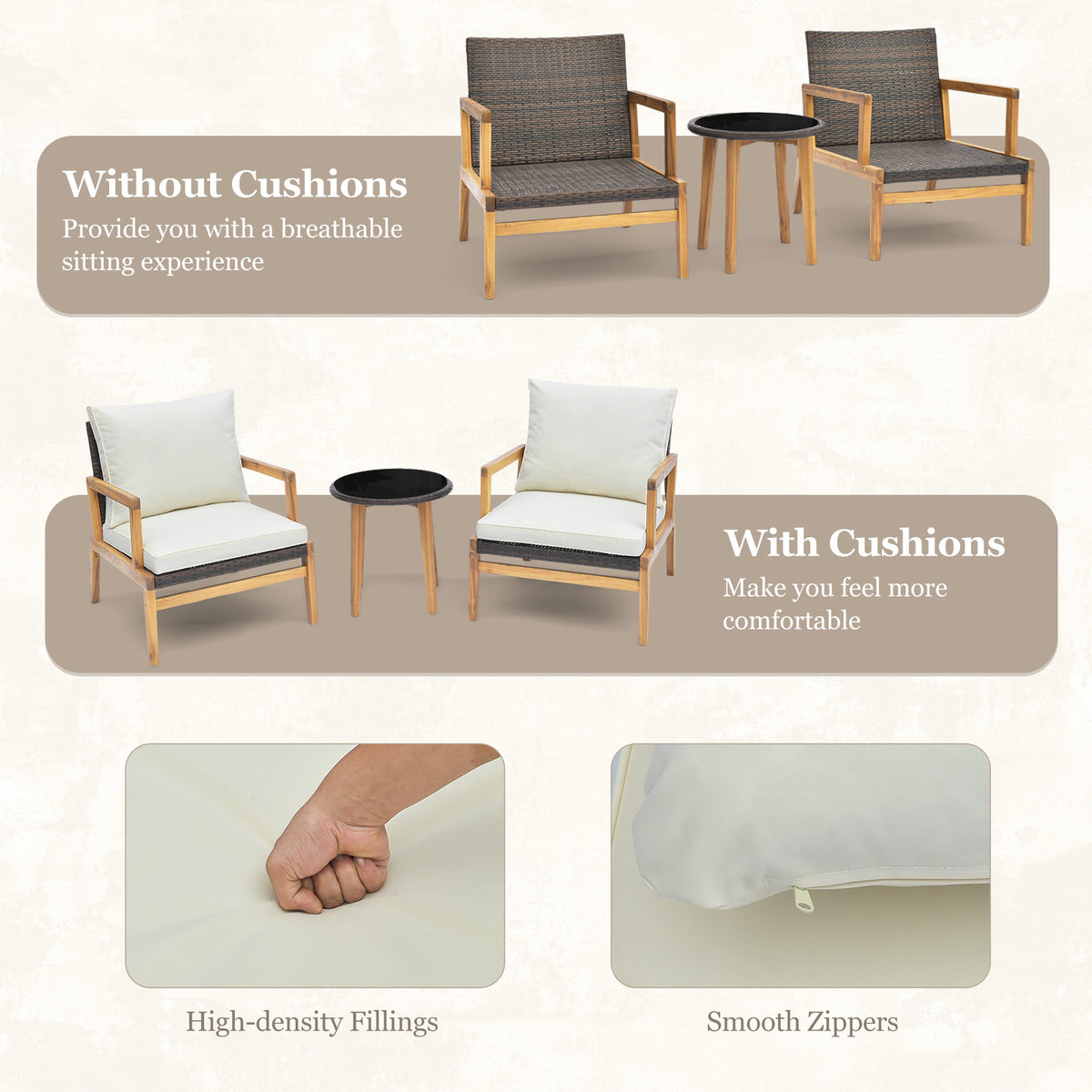 Patio Conversation Set 3-Piece with Cushioned Chairs & Glass Table