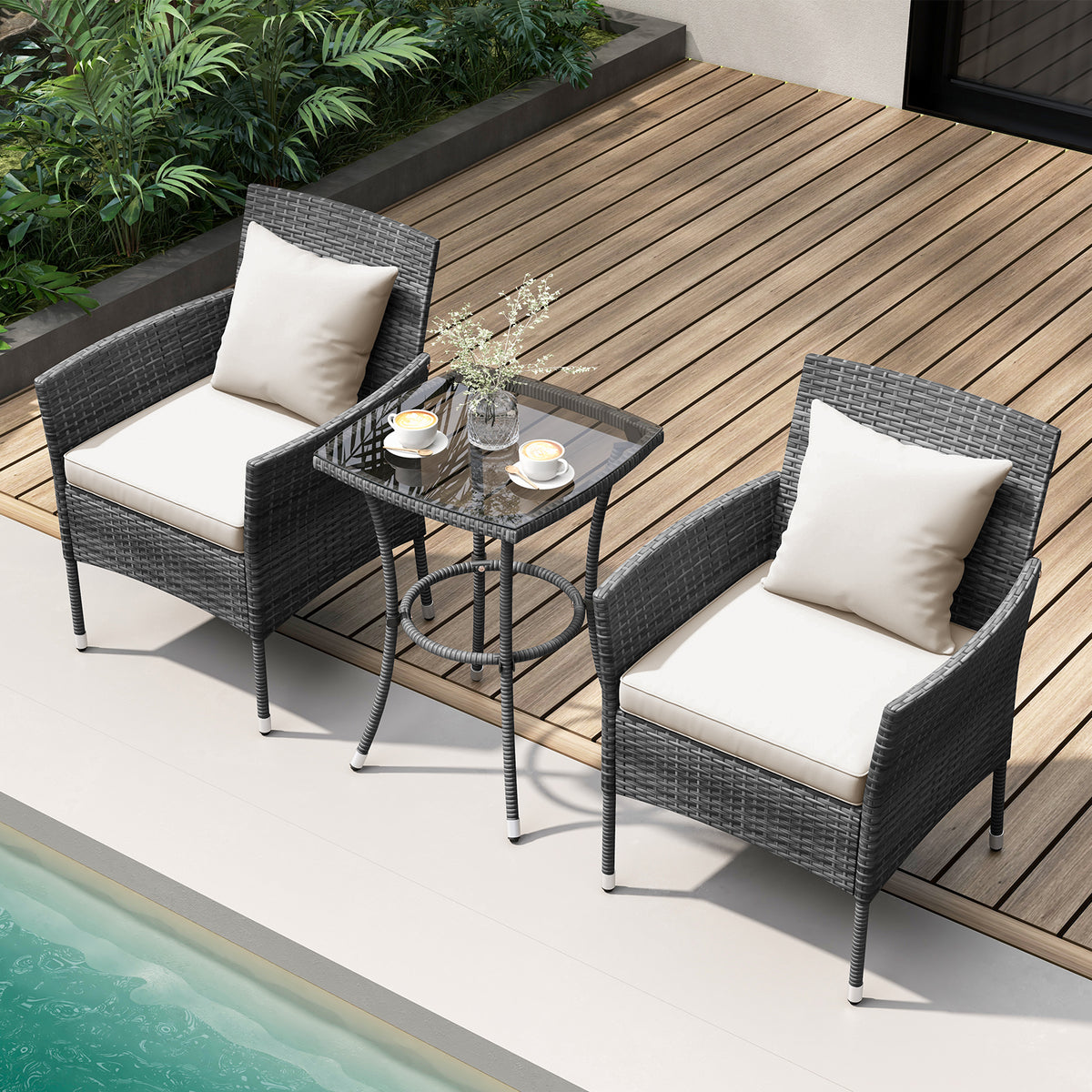 3-Piece Patio Conversation Set with Cushioned Chairs & Glass Table