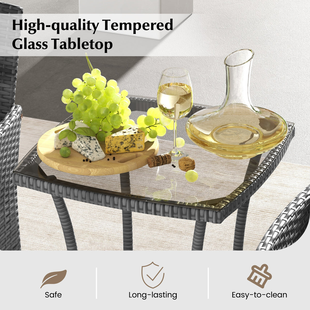 3-Piece Patio Conversation Set with Cushioned Chairs & Glass Table