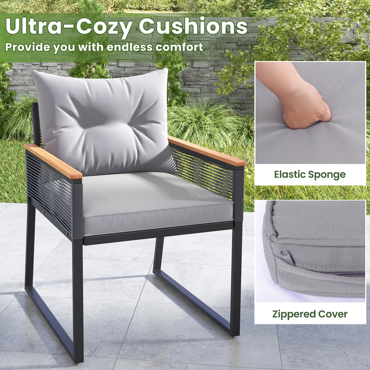 3 Pieces Patio Furniture Set with 2 Tier Coffee Table and Soft Seat Cushions-Gray