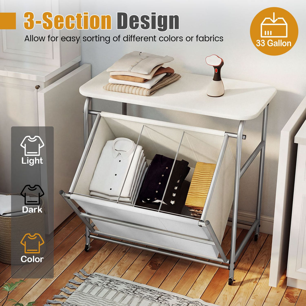 3-Section Laundry Sorter with Foldable Ironing Board and Lockable Wheels-Beige