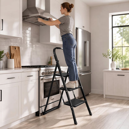3 Step Ladder Folding Step Stool with Handrail and Wide Anti-Slip Pedals