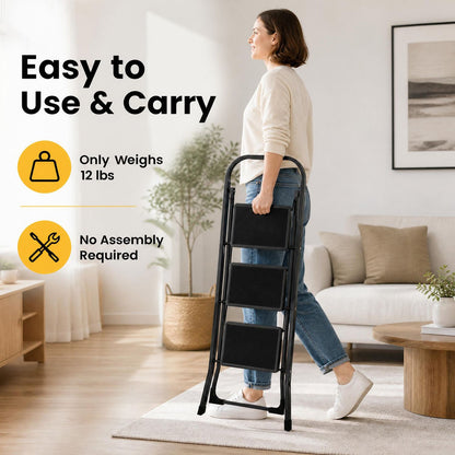 3 Step Ladder Folding Step Stool with Handrail and Wide Anti-Slip Pedals