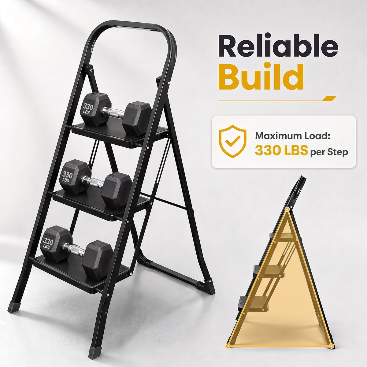 3 Step Ladder Folding Step Stool with Handrail and Wide Anti-Slip Pedals