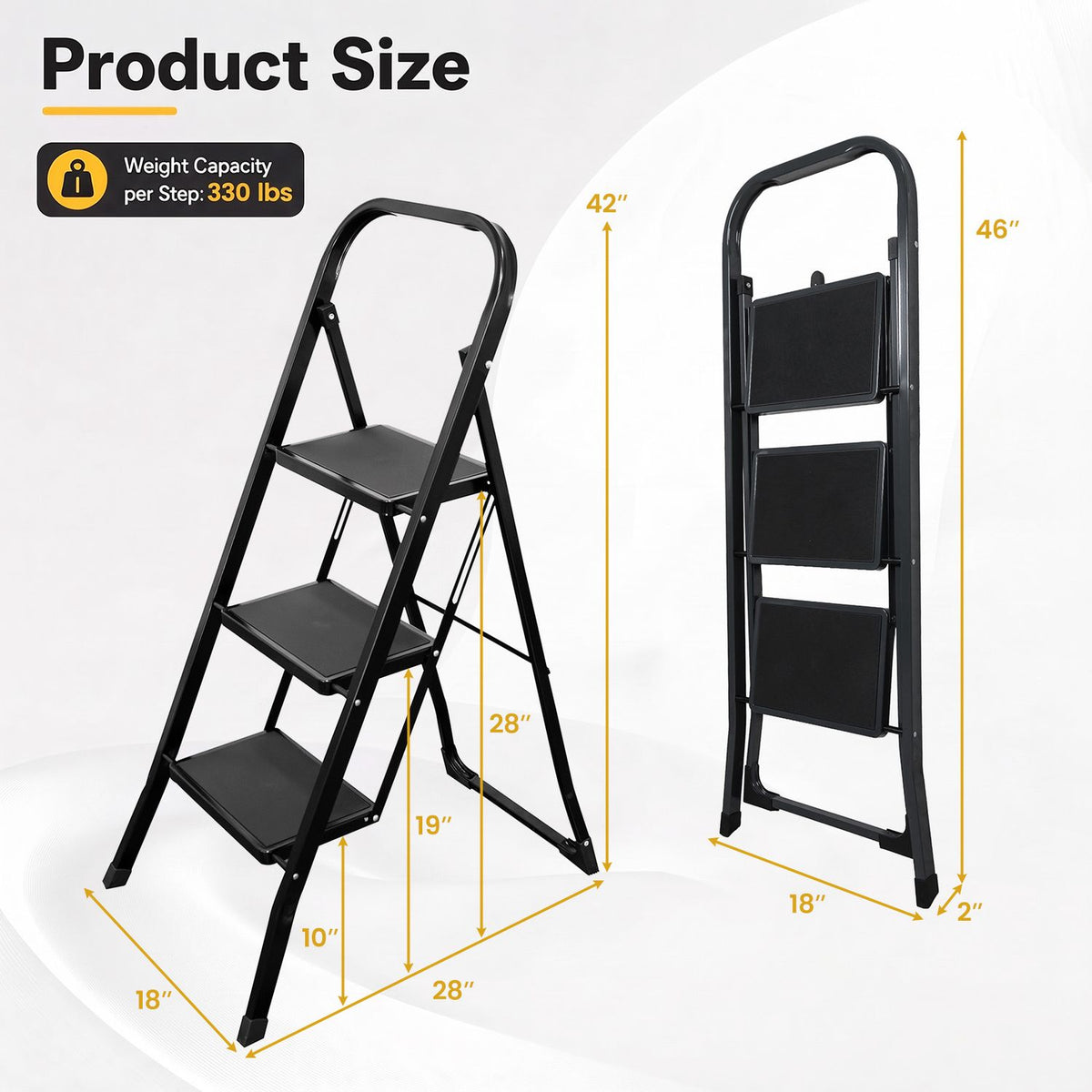 3 Step Ladder Folding Step Stool with Handrail and Wide Anti-Slip Pedals