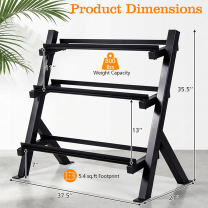 3-Tier Dumbbell Rack with Adjustable Bracket Spacing for Gym-Black
