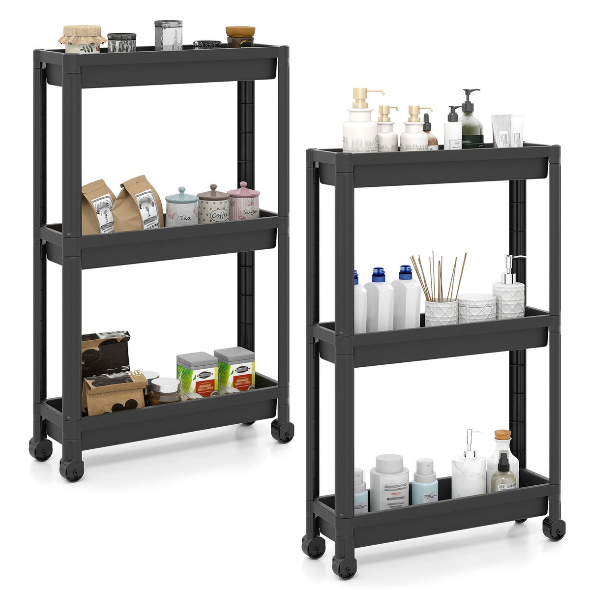 3-Tier Slim Rolling Storage Cart 2-Pack Mobile Bathroom Organizer with Wheels