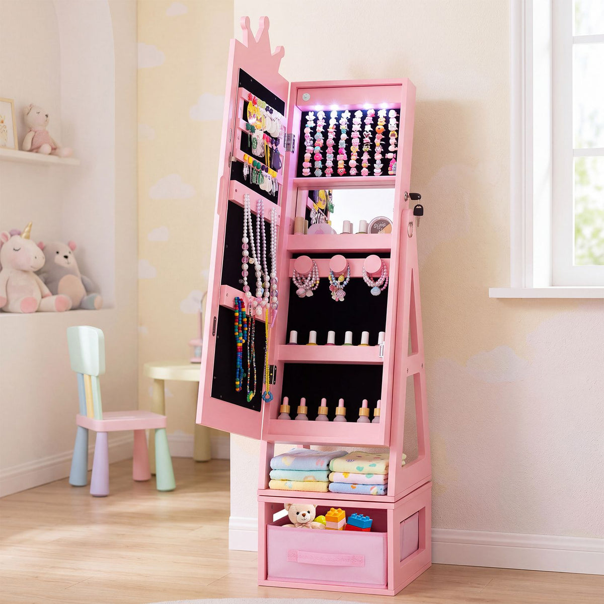 3-in-1 Kids Jewelry Cabinet with Lighted Full Length Mirror and Internal Mirror