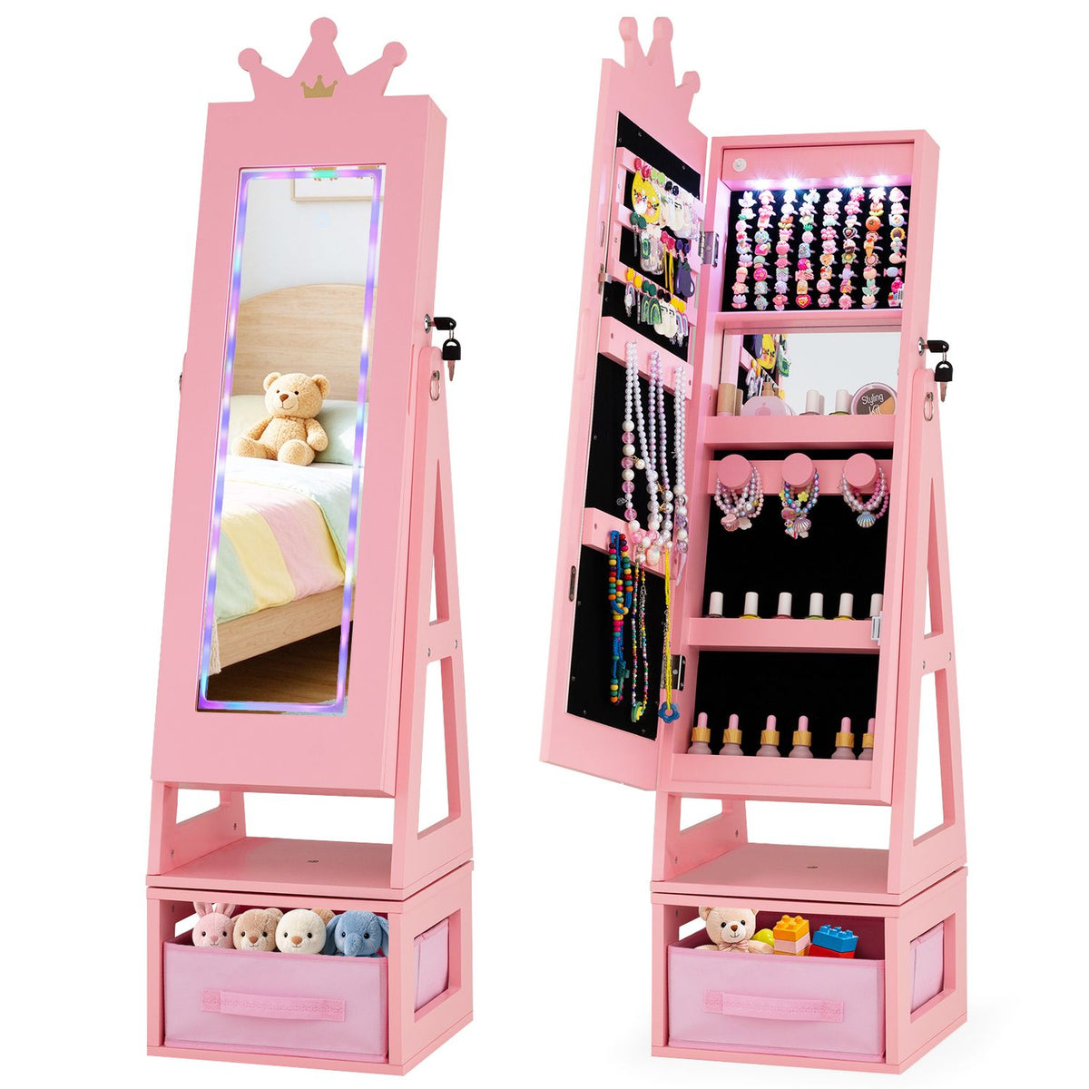 3-in-1 Kids Jewelry Cabinet with Lighted Full Length Mirror and Internal Mirror