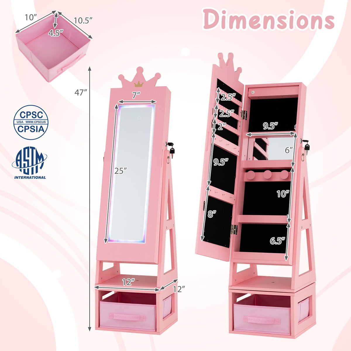 3-in-1 Kids Jewelry Cabinet with Lighted Full Length Mirror and Internal Mirror