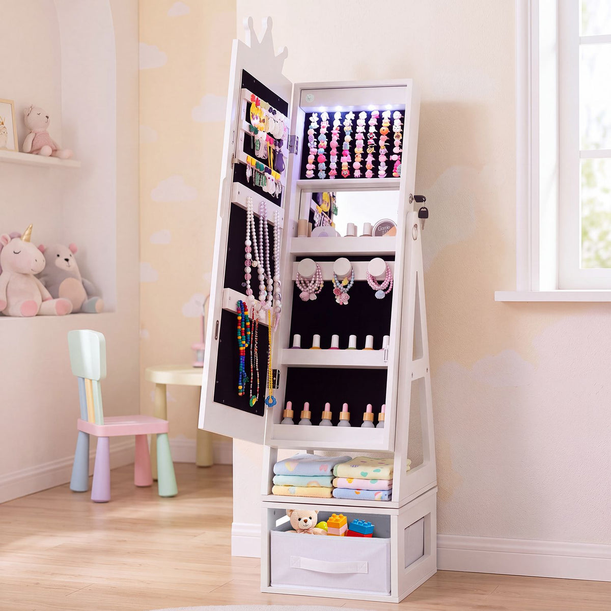 3-in-1 Kids Jewelry Cabinet with Lighted Full Length Mirror and Internal Mirror