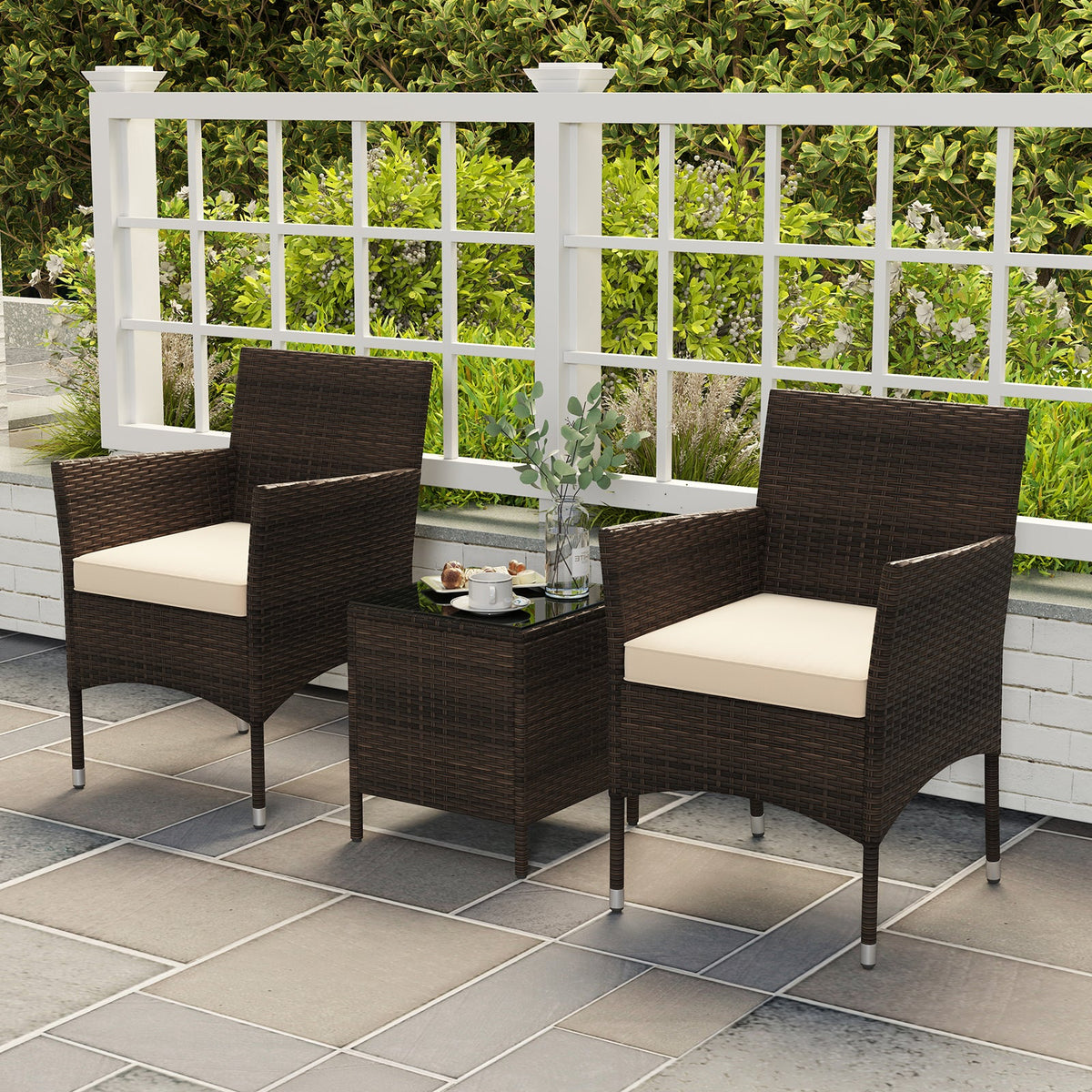 3 Pieces Outdoor Conversation Set with Cushioned Seat and Glass Tabletop