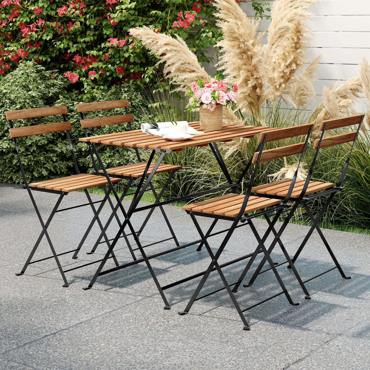 5-Piece Acacia Wood Patio Dining Set with Folding Chairs