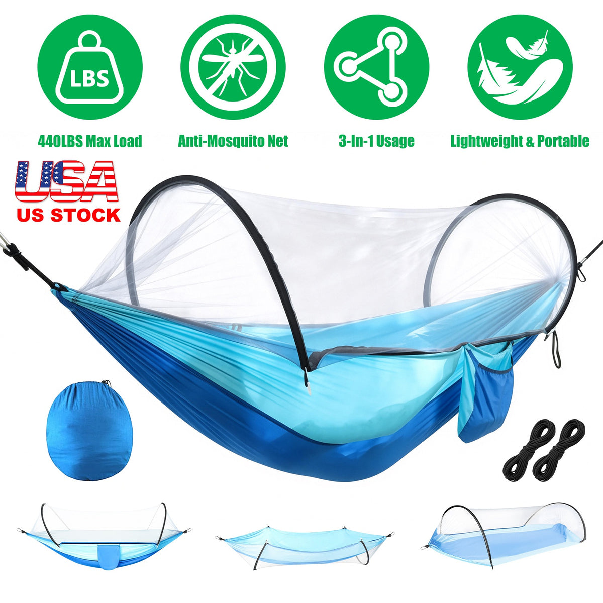 Camping Hammock with Mosquito Net 3-in-1 Portable 440lbs